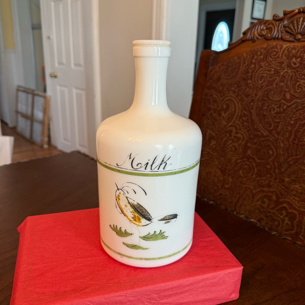 Vintage Egizia Opaque White Glass Milk Bottle Hand Painted Bird 10.5" Tall